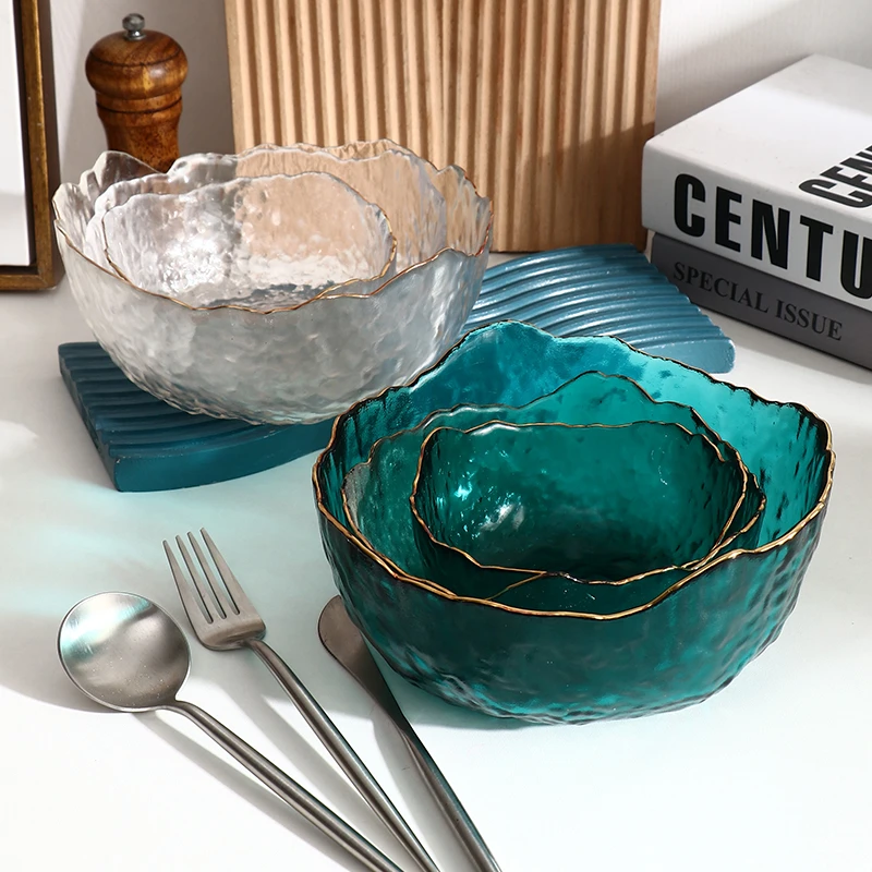 锤纹金边玻璃碗沙拉碗碟套装家用水果盘创意北欧风餐具甜品碗