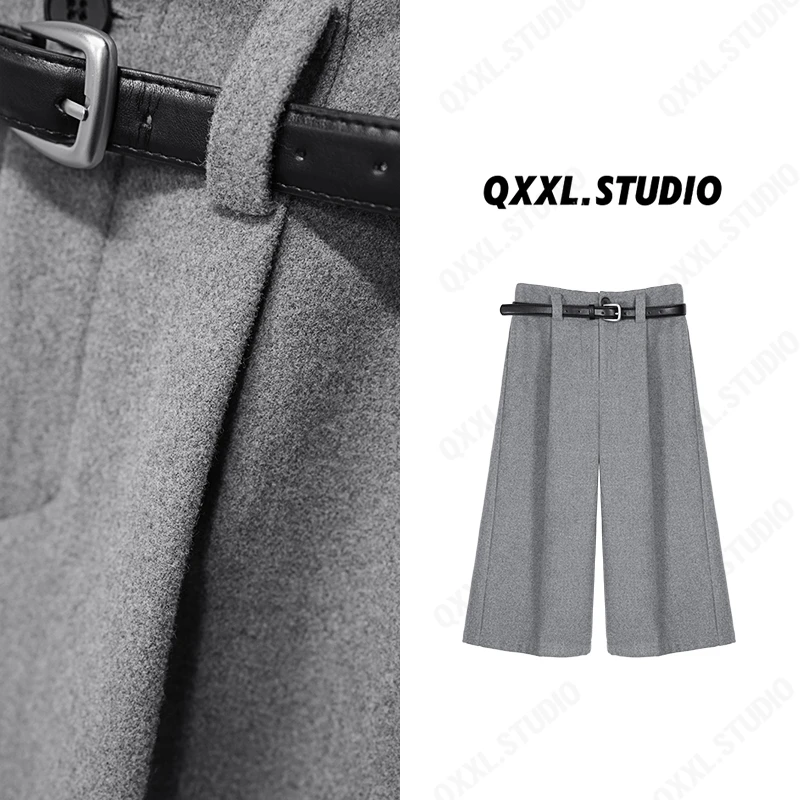 邱小小丽呀 (含腰带)冬季新款松紧复古高腰毛呢加厚阔腿七分裤