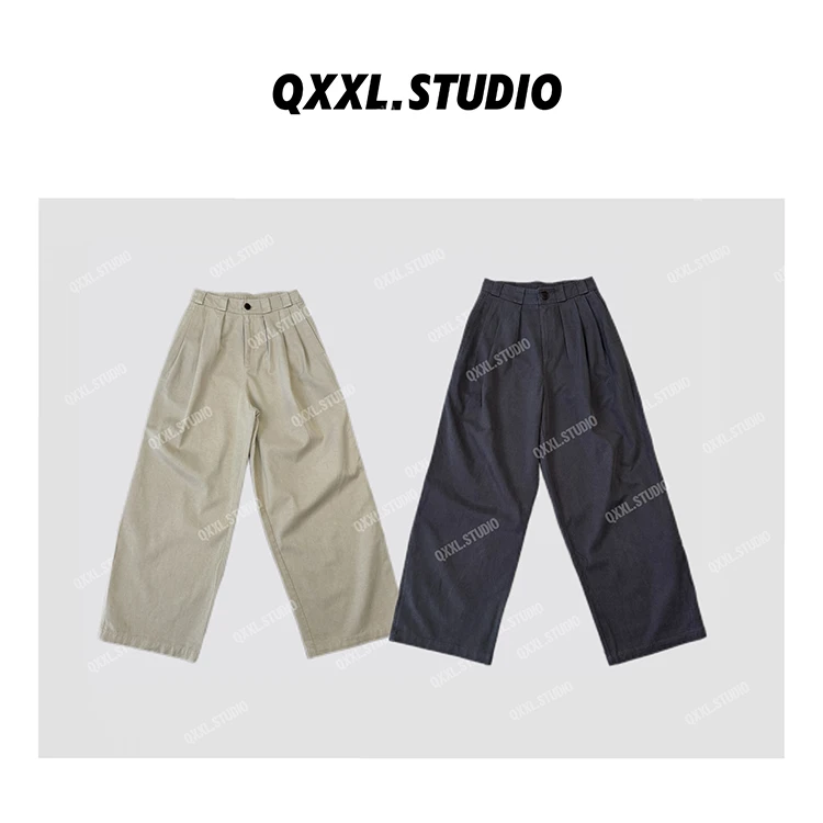 【QXXL】秋季新款一粒扣压褶垂感休闲阔腿裤