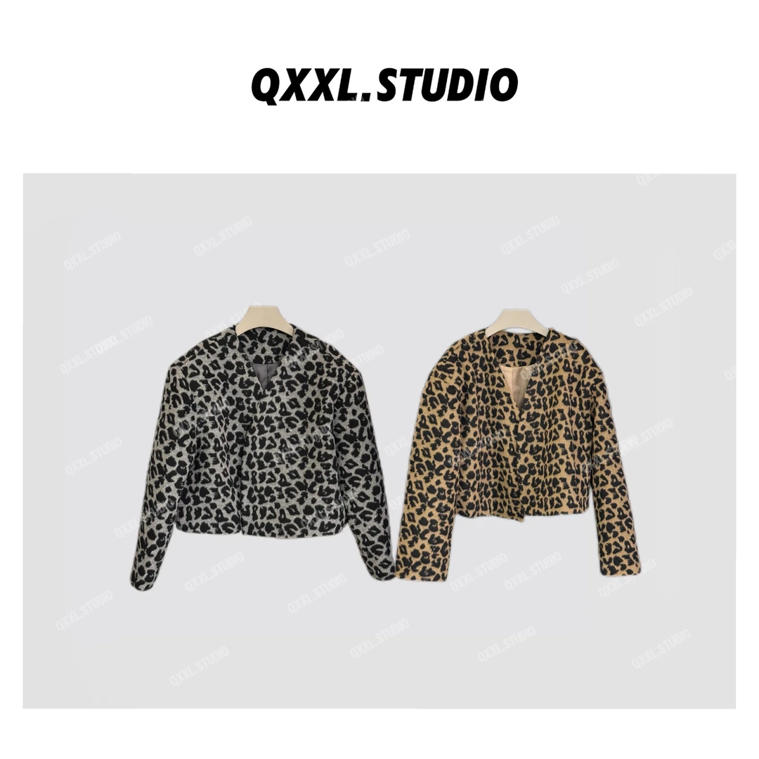 【QXXL】秋季减龄复古小众设计感气质时尚休闲豹纹夹克短外套