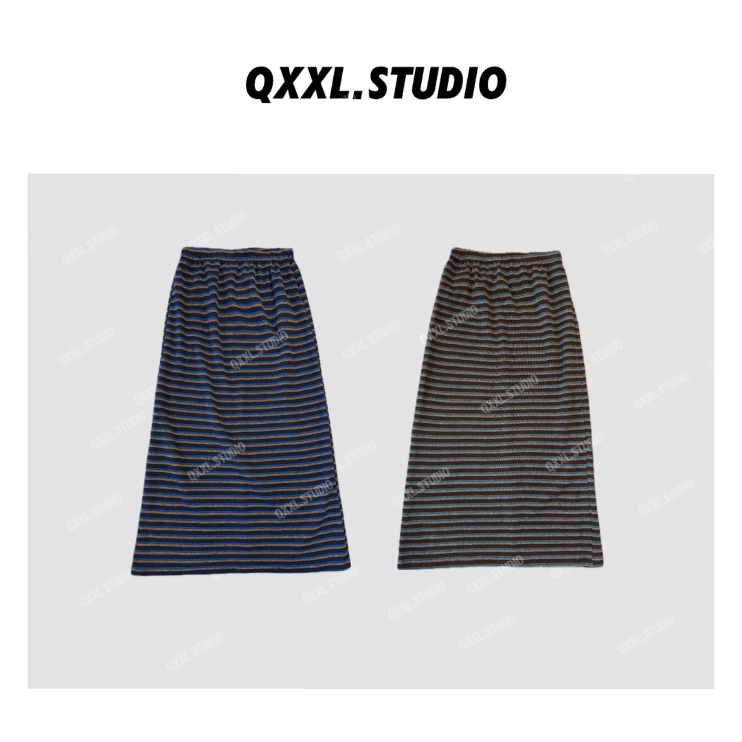 【QXXL】秋季新款慵懒休闲条纹半身裙女厚实显瘦直筒长裙