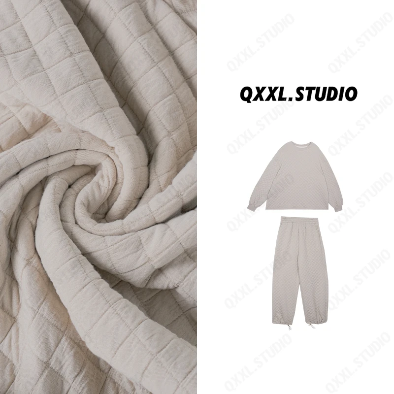 【QXXL】冬季新款宽松加厚复古菱格夹棉圆领卫衣卫裤两件套