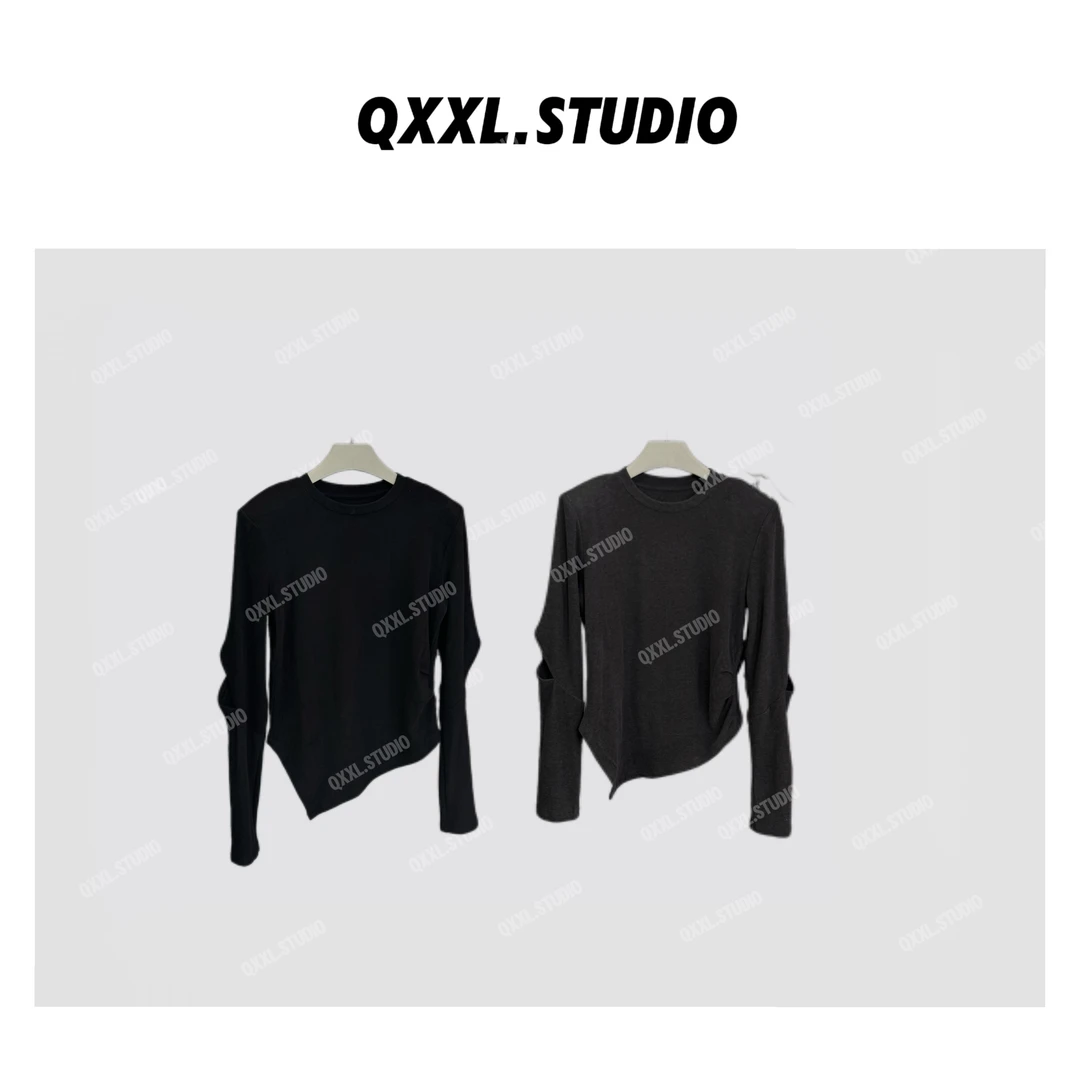 【QXXL】秋季新款圆领垫肩设计感小众不规则气质打底衫上衣