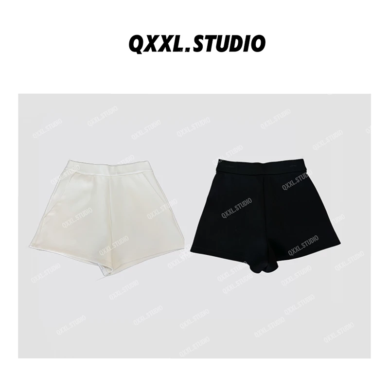 【QXXL】秋季纯色显瘦宽边松紧高腰休闲短裤