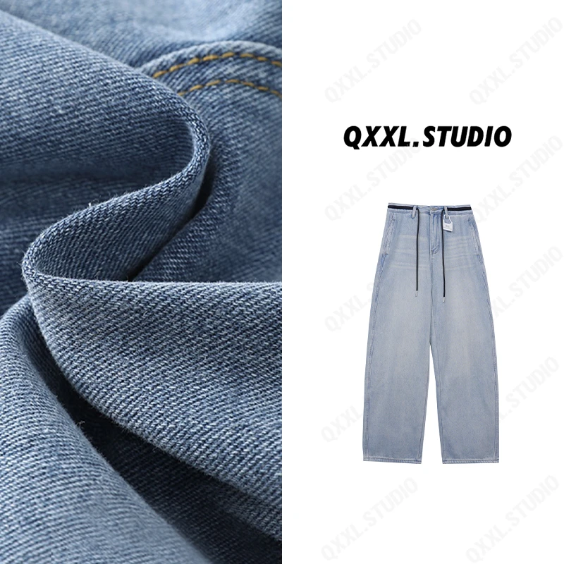【QXXL】冬季新款复古简约直筒牛仔裤女休闲阔腿抽绳水洗裤