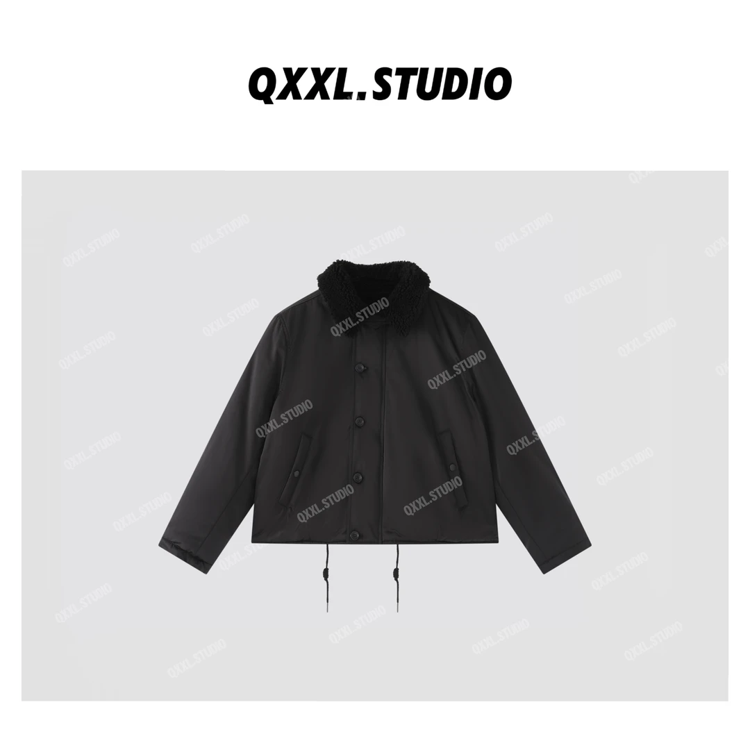 【QXXL】秋冬纯色翻领羊羔绒短款夹克可松紧下摆保暖棉服外套