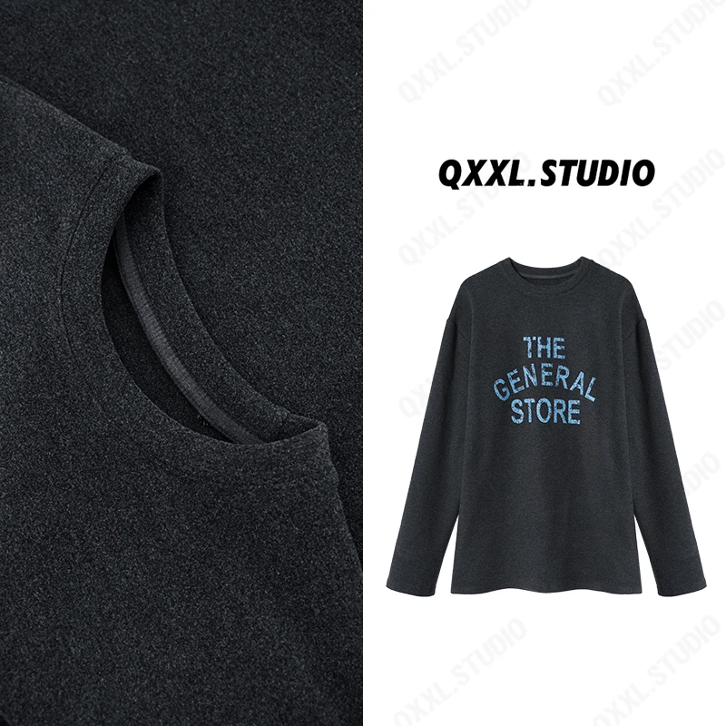 邱小小丽呀 冬季新款软糯字母印花圆领长袖T恤弹力绒打底上衣女