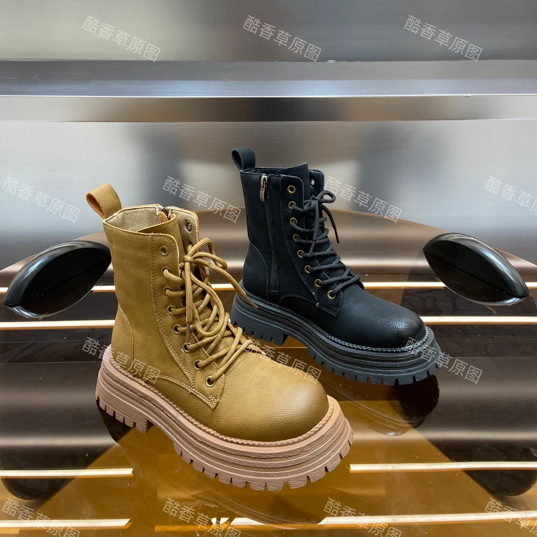 2024年秋季新款厚底系带机车马丁靴女英伦风复古工装短靴子