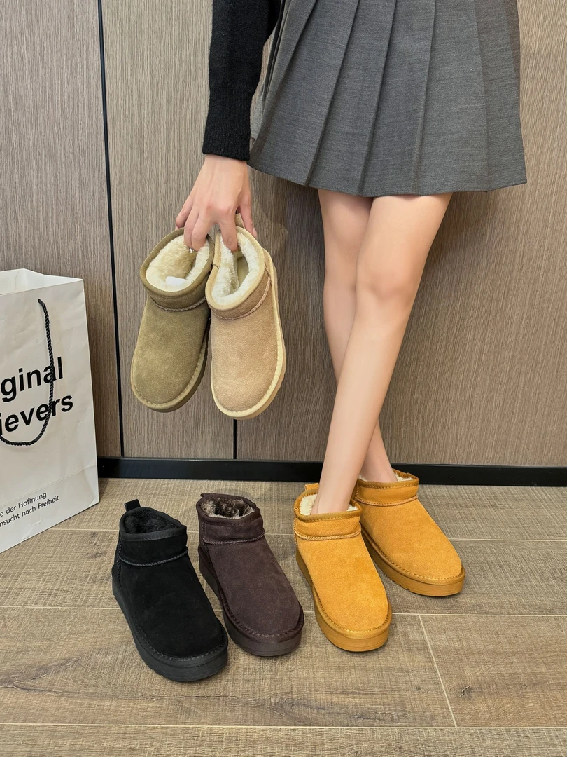 真皮雪地靴女冬天新款低帮牛皮大码保暖棉鞋子情侣款加厚平跟靴子