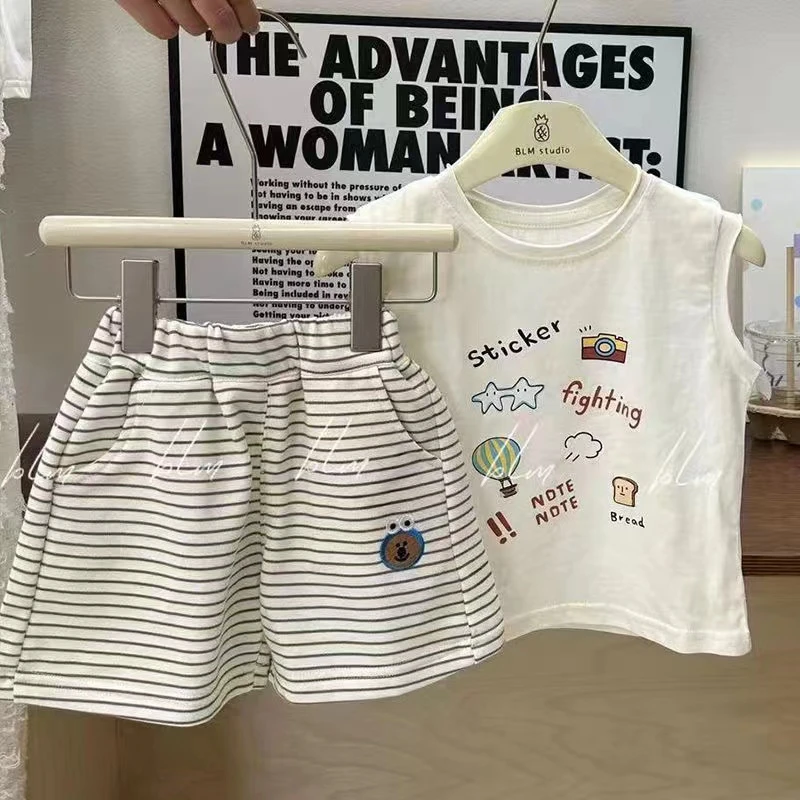 儿童套装短裤夏季2025新款宝宝条纹卡通背心男童女童洋气两件套潮