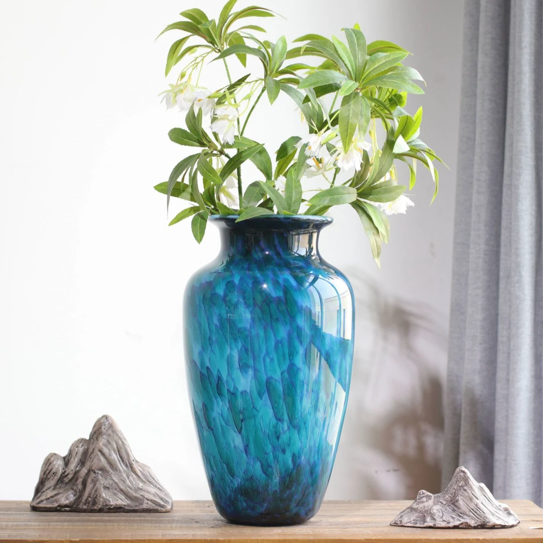 现代轻奢孔雀蓝花瓶高级感复古落地大花瓶手工艺品家居百搭摆件