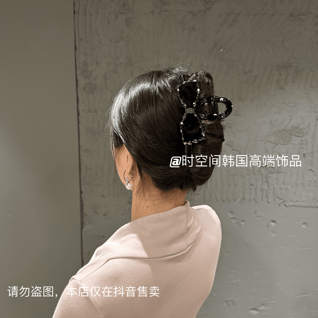 【时空间】韩国轻奢丝绒菱形钻优雅气质女人蝴蝶结发夹抓夹黑色百搭