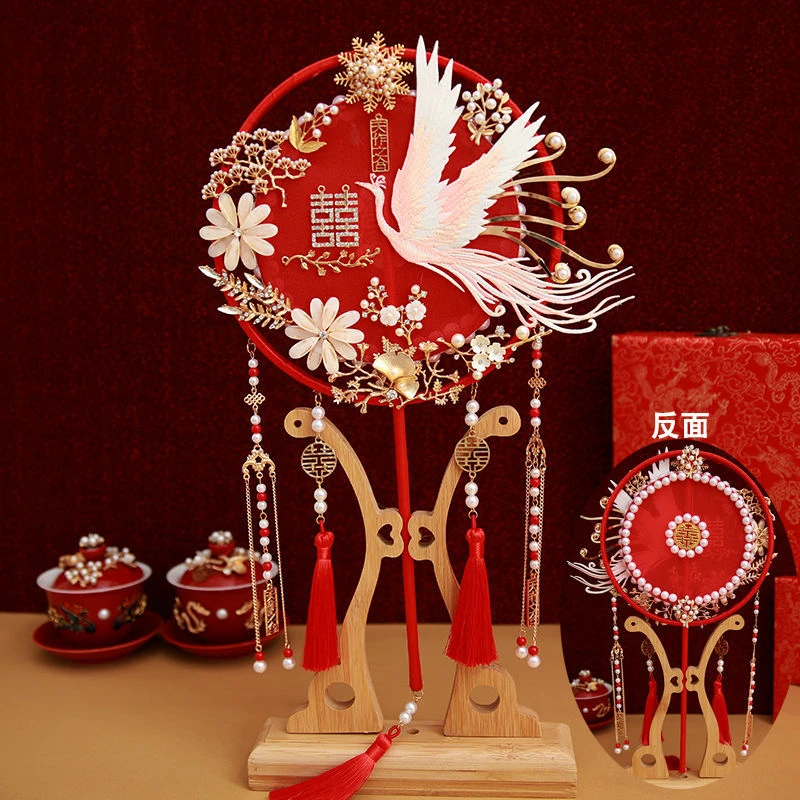中式结婚礼喜扇秀禾汉服团扇成品高端长柄双圈古风宫扇diy材料包
