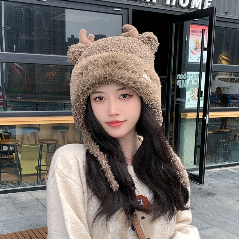 新款可爱鹿角帽子女冬季户外毛绒保暖护耳帽韩版百搭针织毛线帽潮
