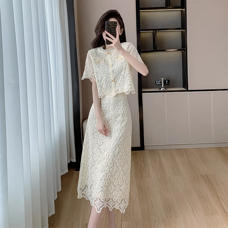 夏季新款小香风时尚套装蕾丝名媛风短袖上衣高腰半身裙两件套女