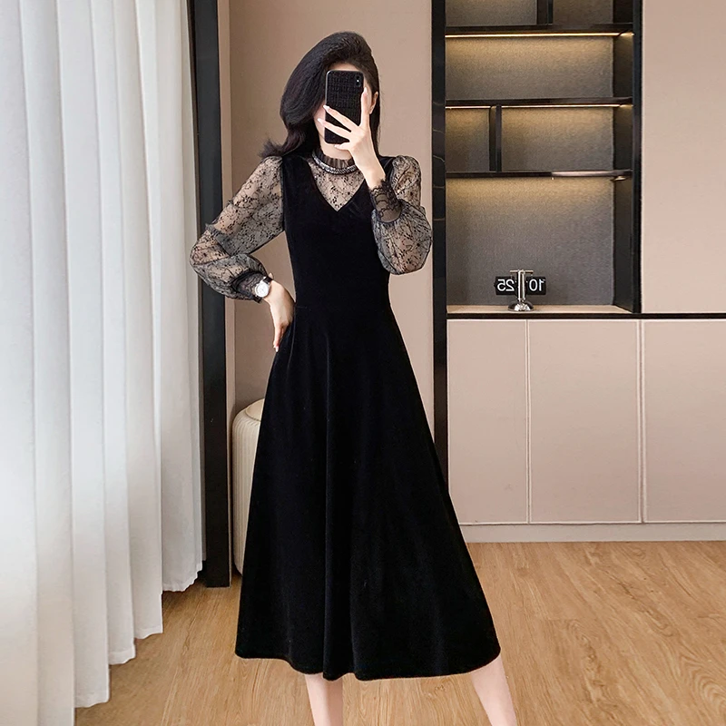 秋冬新款黑色显瘦收腰拼接亮片轻奢气质网纱修身大摆丝绒连衣裙