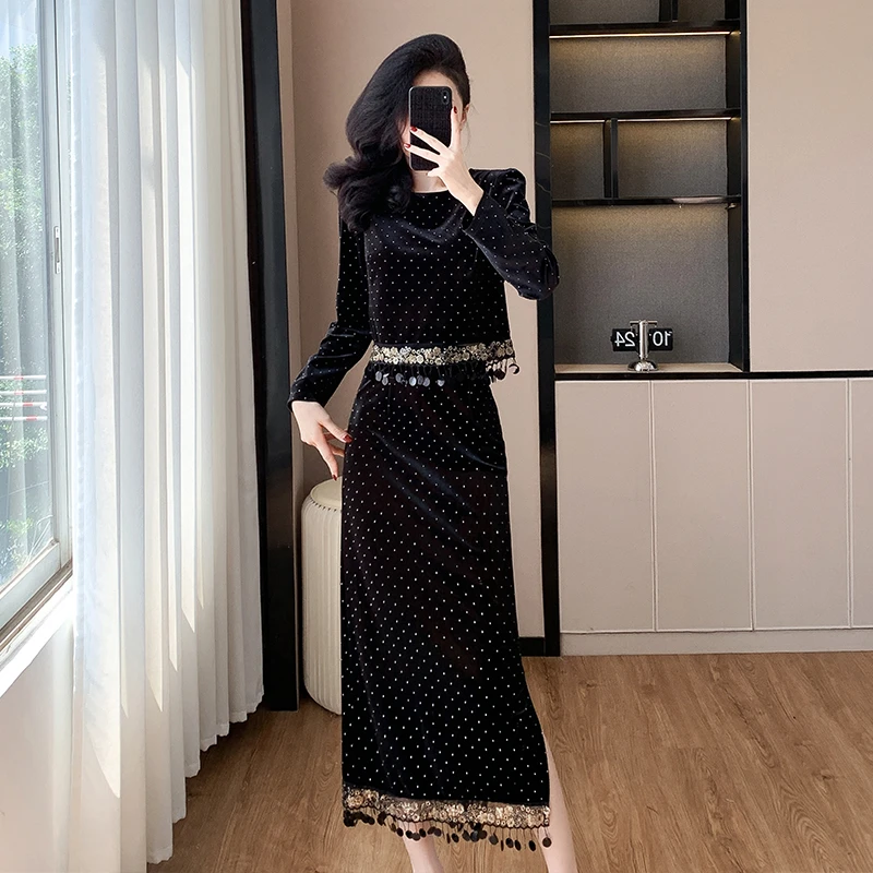 显瘦轻奢时尚女神网红爆款长袖黑色法式长款气质金丝绒套装两件套