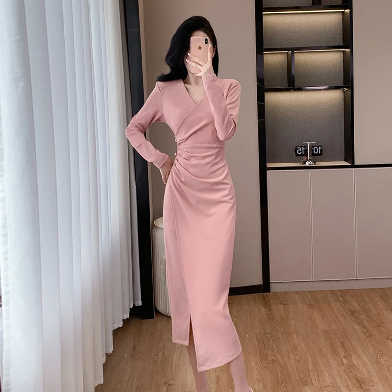 气质时尚高智淡人V领长袖连衣裙收腰显瘦正式场合修身法式长裙