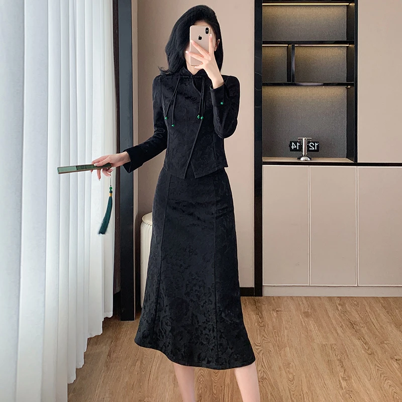 秋冬优雅设计感新中式长袖时尚提花改良旗袍气质显瘦国风两件套