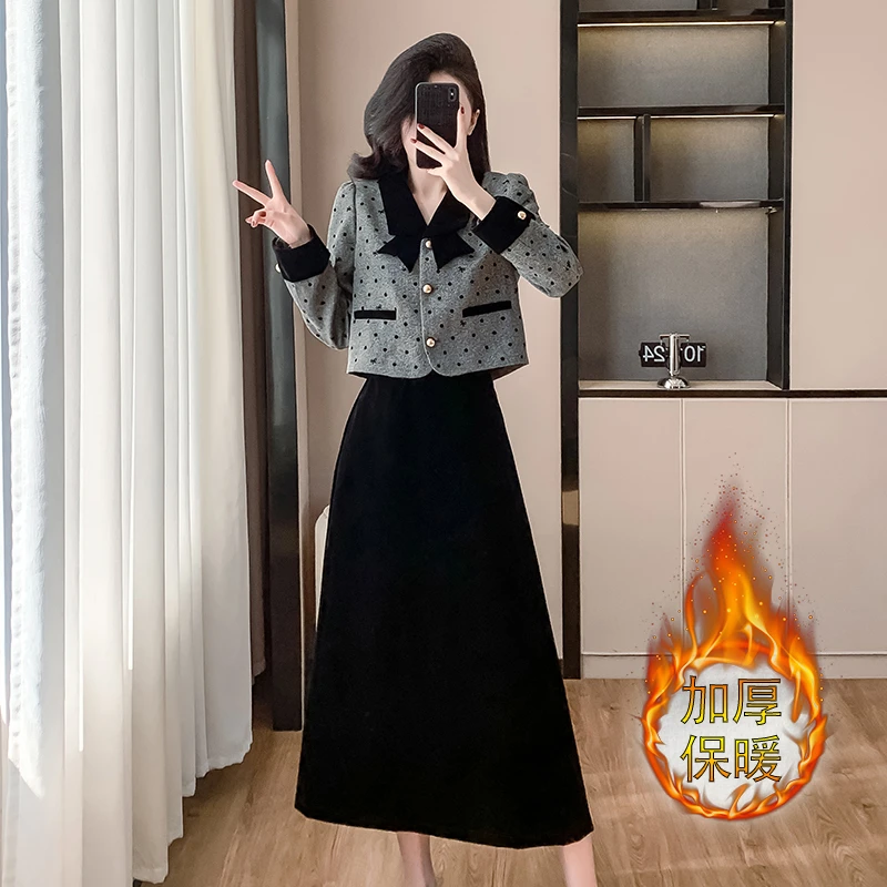 裙子显瘦秋冬新款减龄淑女小香风圆点上衣+丝绒A子长款两件套装裙
