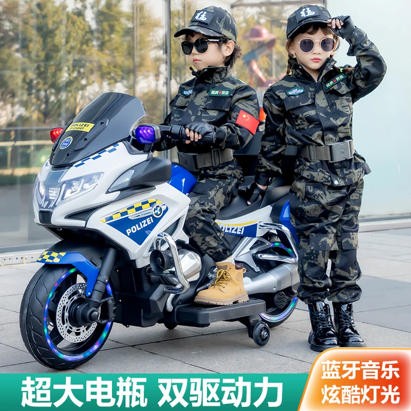 新款儿童电动摩托车超大号男孩女孩可坐双人儿童警车可充电童车