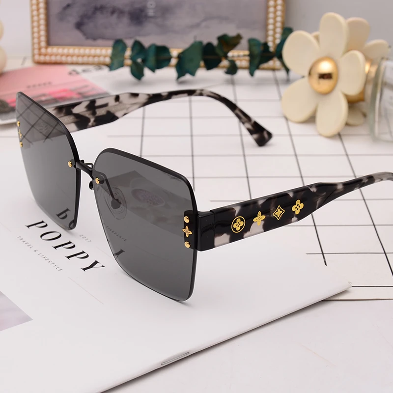 精致复古女款无框太阳镜新款百搭板材墨镜防紫外线眼镜黑色