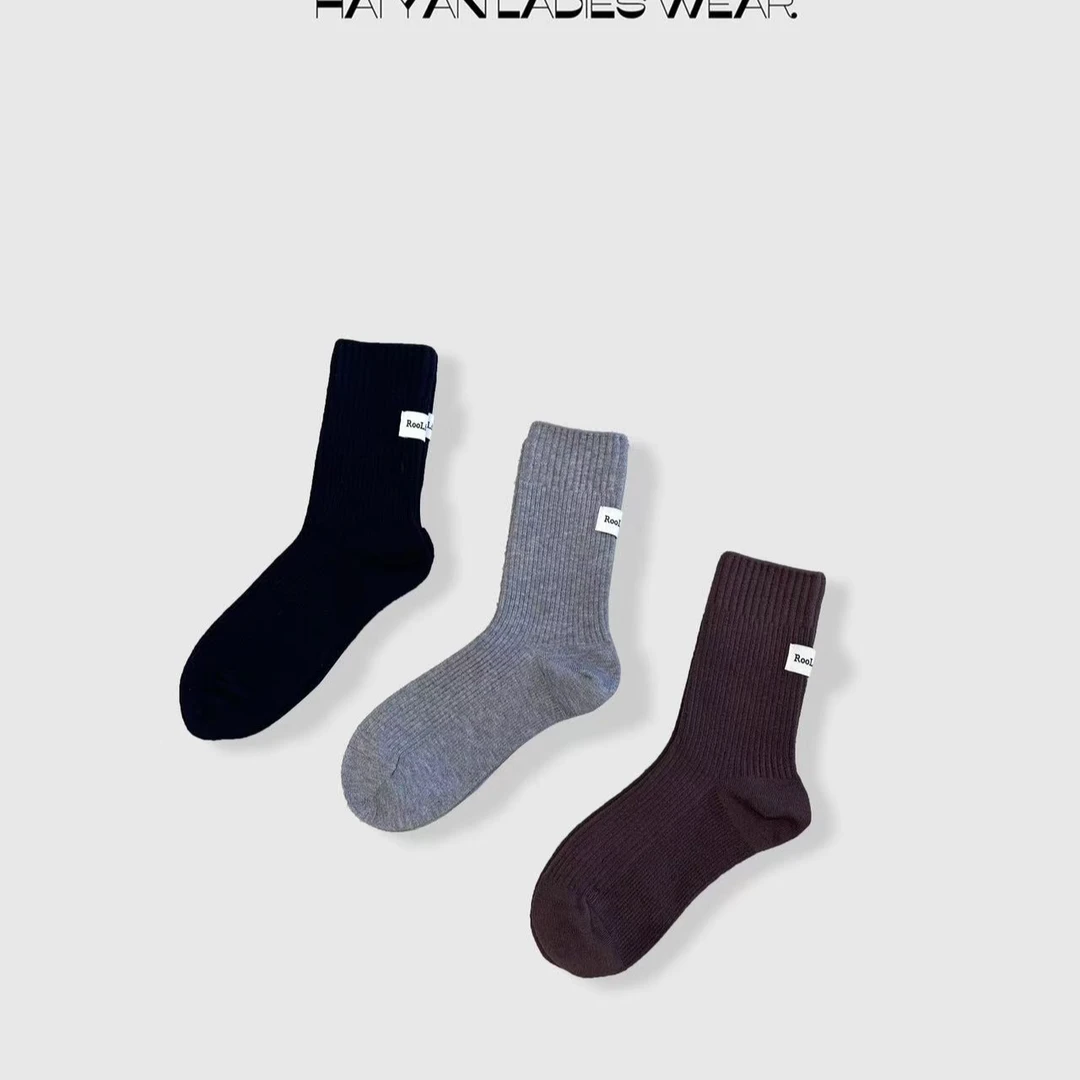 HY-《百搭袜子》秋冬系女袜街头时尚百搭纯色后跟标签中筒堆堆袜