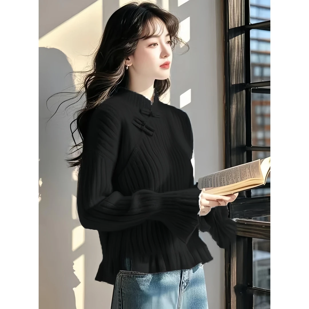 新中式女装国风黑色打底衫2024冬季修身显瘦荷叶边内搭毛衣针织衫