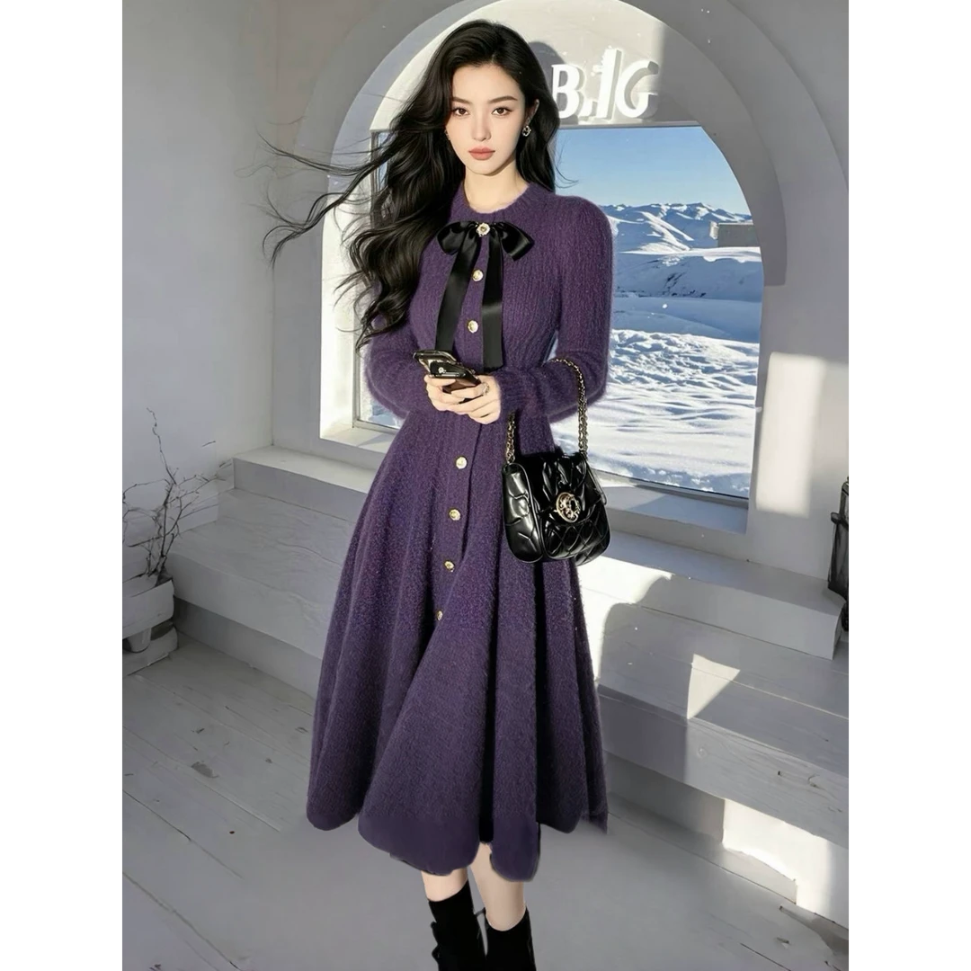 超好看气质法式清冷松弛感穿搭紫色针织内搭长袖连衣裙子女装秋冬
