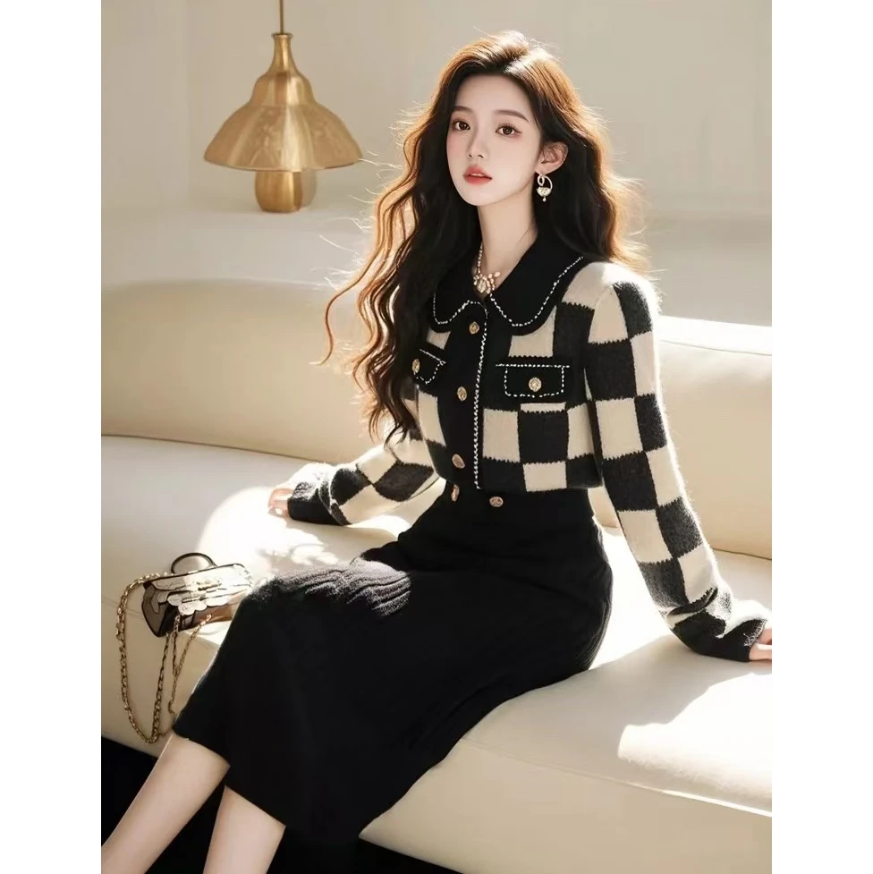 2024冬季新款独特绝美高端富家千金小香风黑白格子毛衣半身裙套装