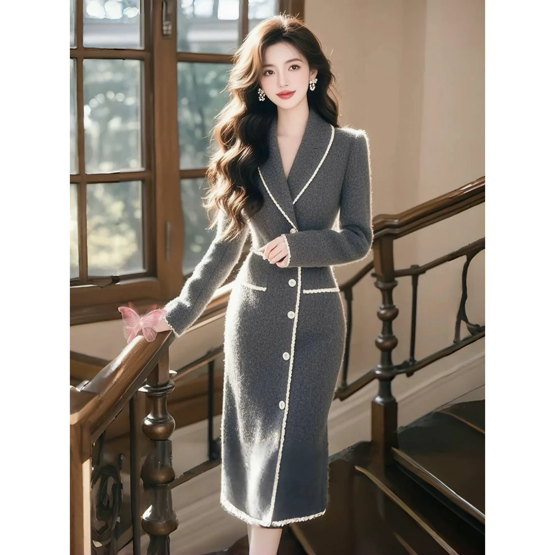 赫本风气质名媛高端女神范高级感厅里厅气灰色针织加厚连衣裙女冬
