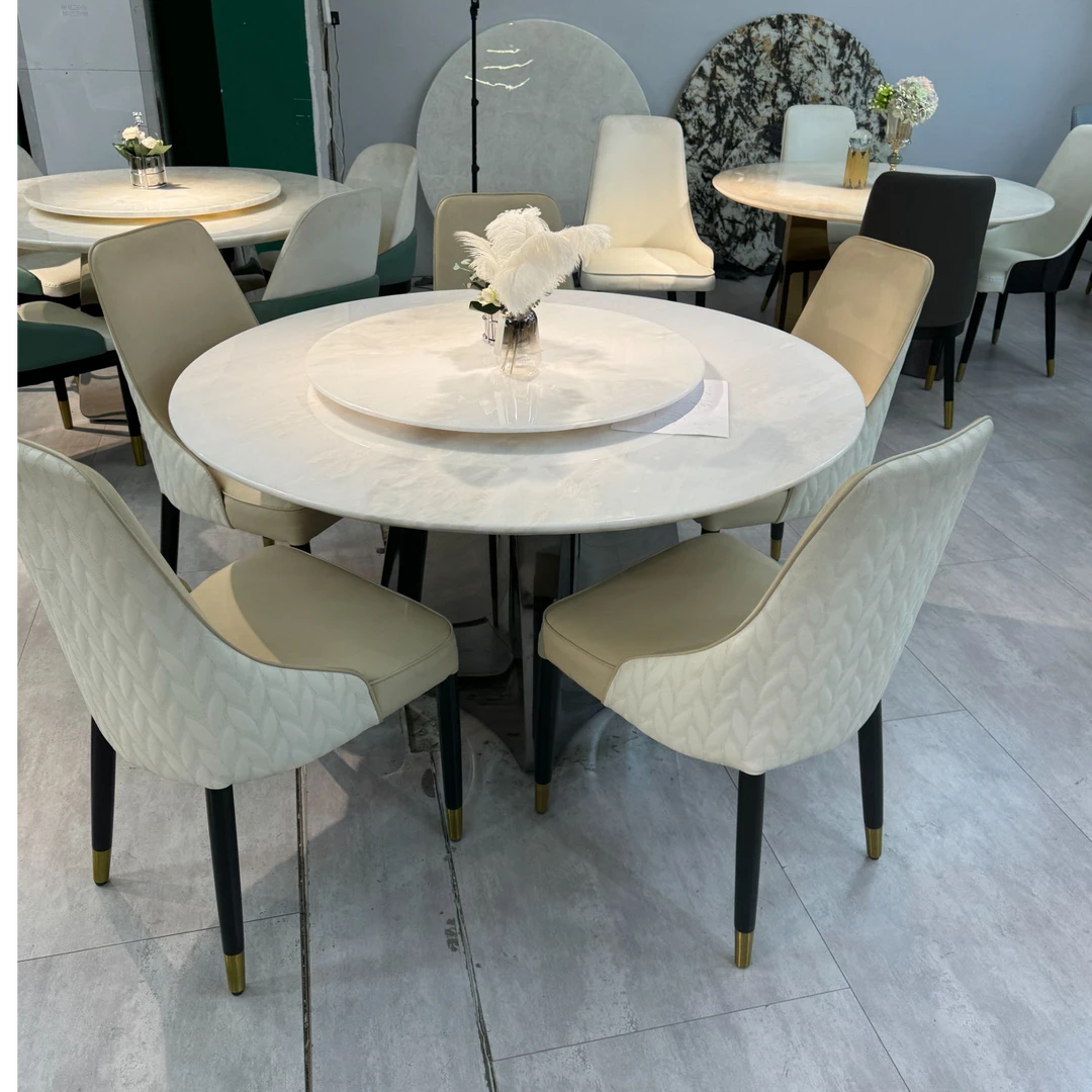 新芬迪白大理石圆桌现代简约大小户型别墅吃饭桌纯天然奢石餐桌椅
