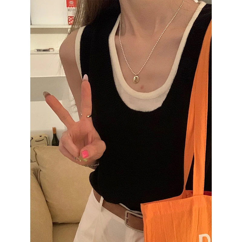 假两件U领吊带针织背心女内搭夏季韩版宽松撞色外穿无袖小上衣T恤