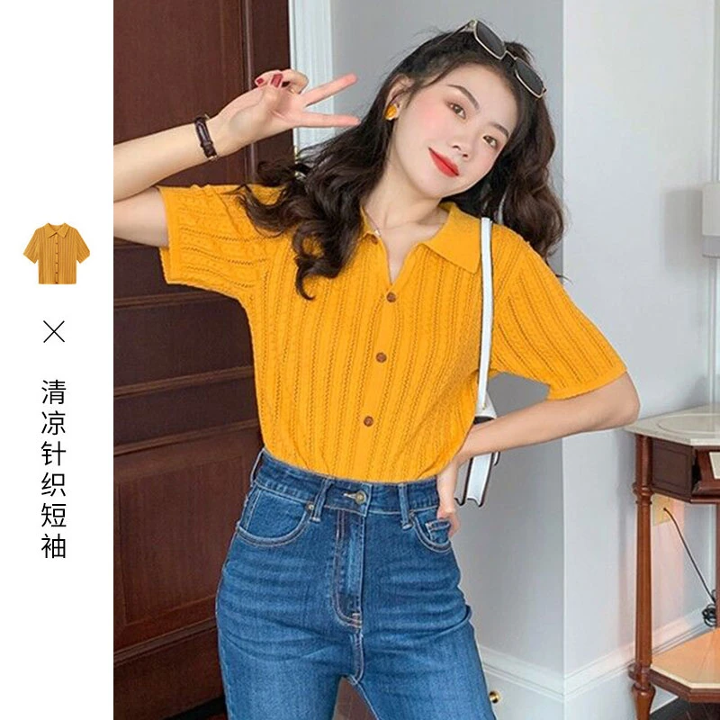 2025新款夏季polo领短袖针织上衣薄款设计感小众ins潮姜黄色t恤女
