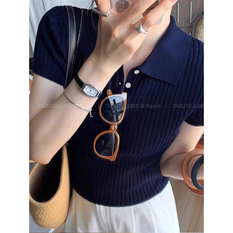 藏青色polo领冰丝针织正肩短袖t恤女夏季高级感气质修身翻领上衣