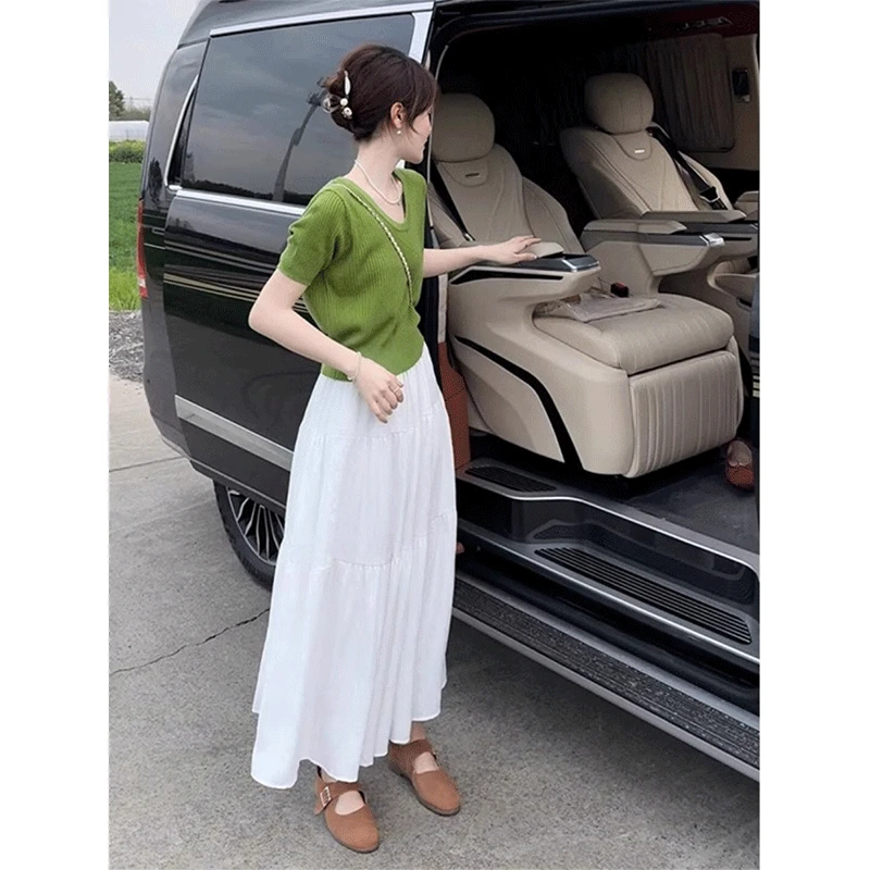 绿色圆领洋气薄款针织冰丝短袖正肩t恤女设计感小众短款上衣夏季