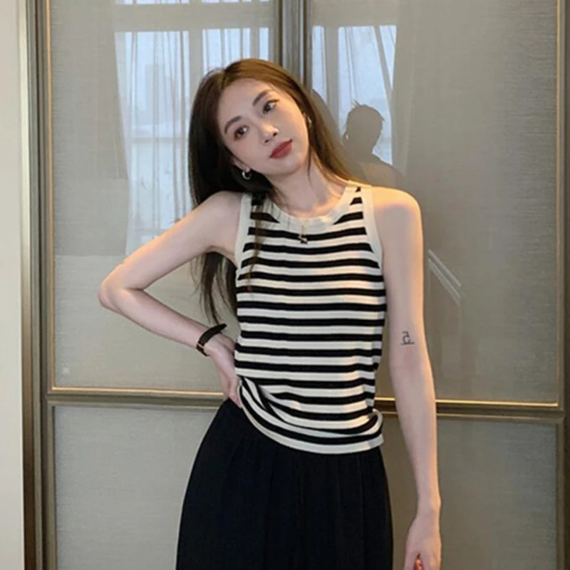 撞色条纹小吊带背心内搭打底衫冰丝针织女夏修身显瘦无袖上衣薄款
