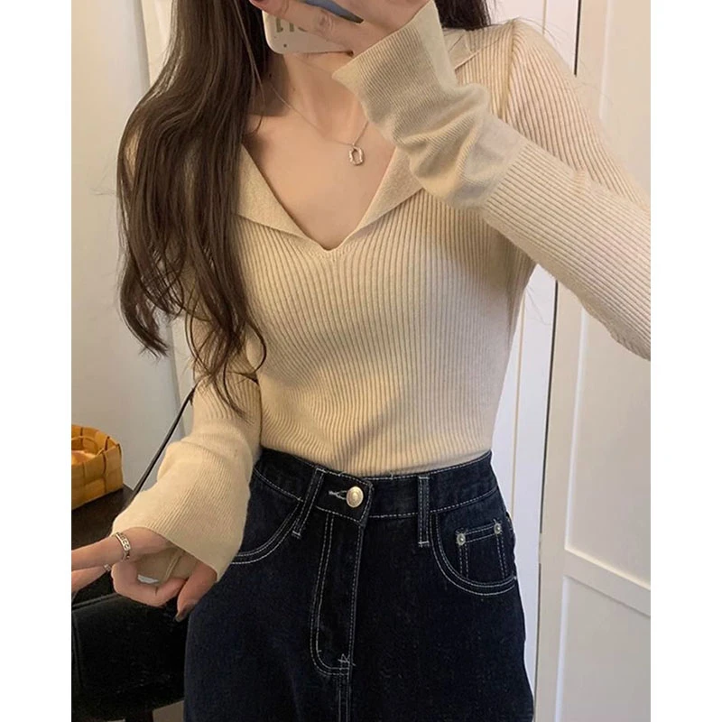 法式气质v领针织衫女内搭打底衫修身显瘦上衣设计感小众长袖毛衣