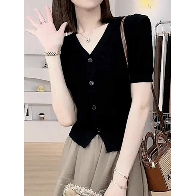 小香风短袖冰丝针织开衫女夏季黑色v领修身短款T恤上衣薄2025新款