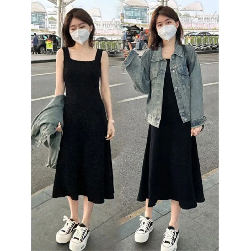 2024新款针织吊带连衣裙女一字领遮肉显瘦收腰中长款内搭打底长裙