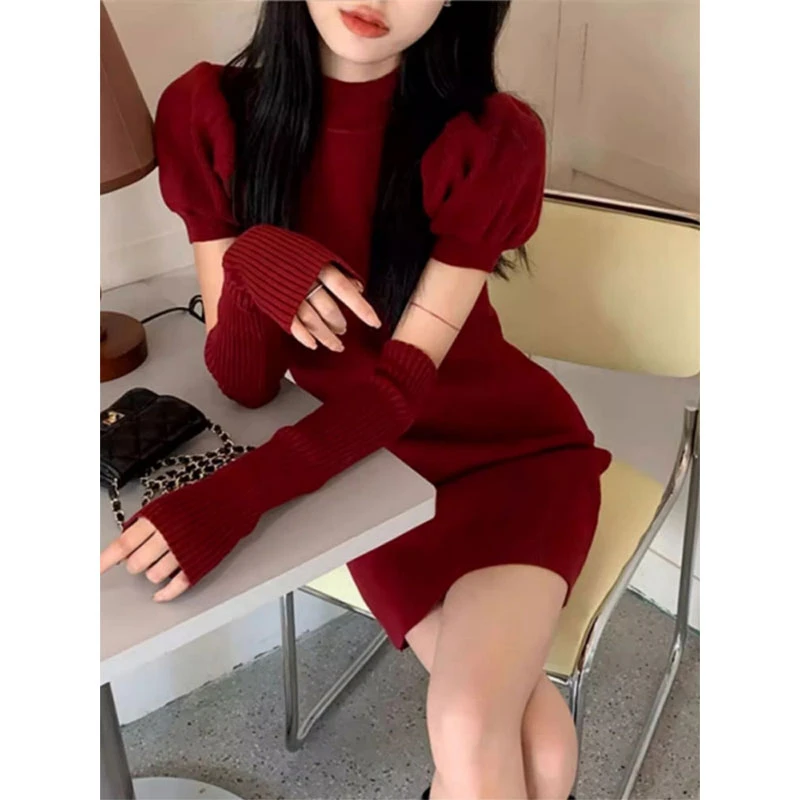 袖套包臀裙女早秋修身新年拜年战袍红色毛衣连衣裙子深冬装搭配