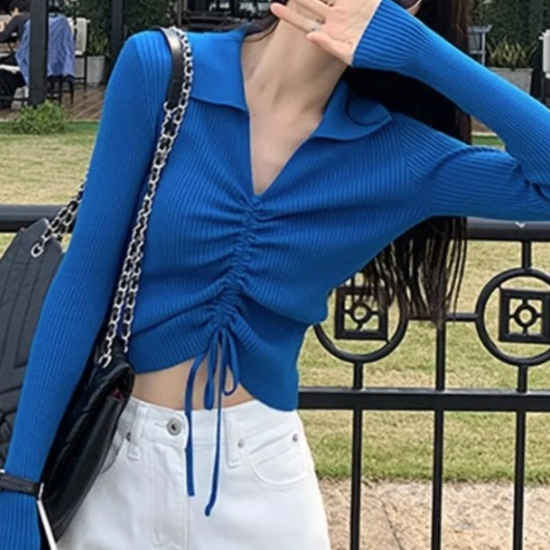长袖t恤女辣妹炸街减龄v领polo针织衫内搭抽绳短款高腰露脐上衣潮