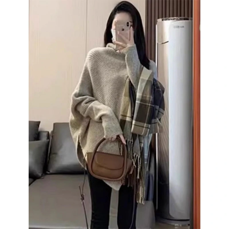 今年流行漂亮不规则高领毛衣女秋冬季加厚慵懒风小个子针织衫上衣