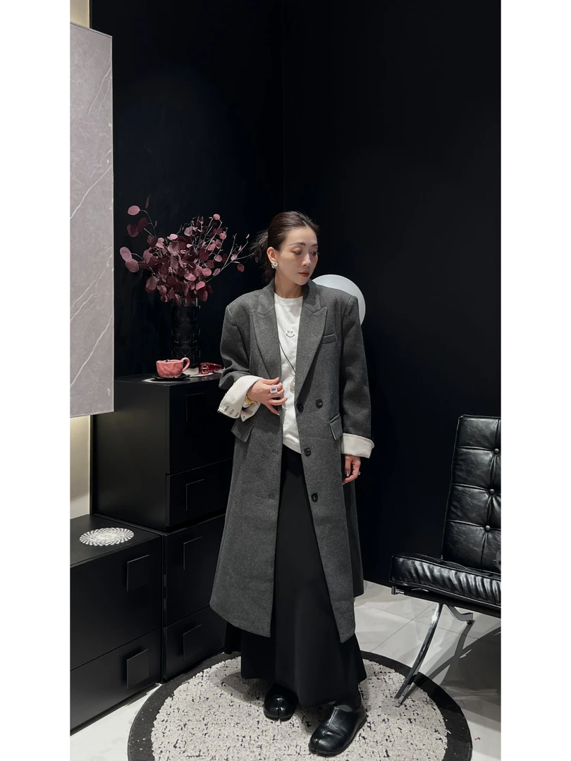 【洁BOSS】高级定染灰色毛呢大衣冬季高级感长款西装呢子外套 18570