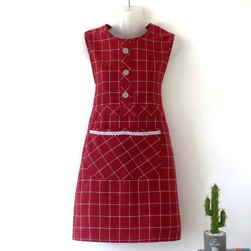 围裙无袖罩衣家用做饭棉布透气防污工作洋气薄款四季时尚格子韩版