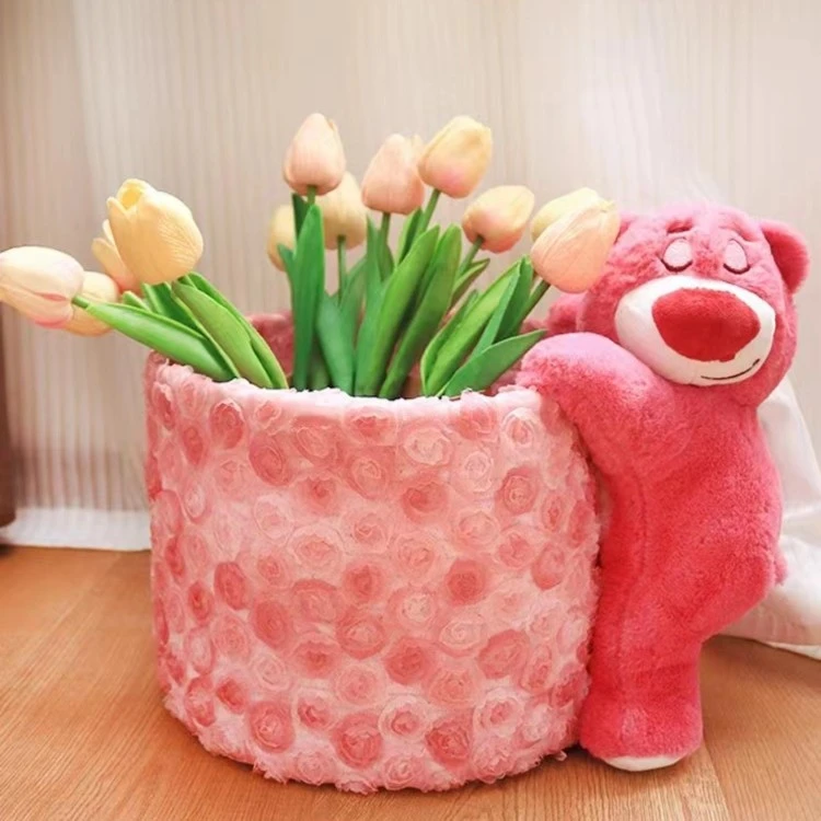 卡通小熊布艺收纳桶玩具桌面编织收纳筐零食储物盒草莓熊抱抱桶