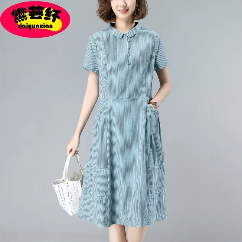 条纹连衣裙女2024年夏季新款薄款纯棉别致娃娃领妈妈显瘦法式裙子