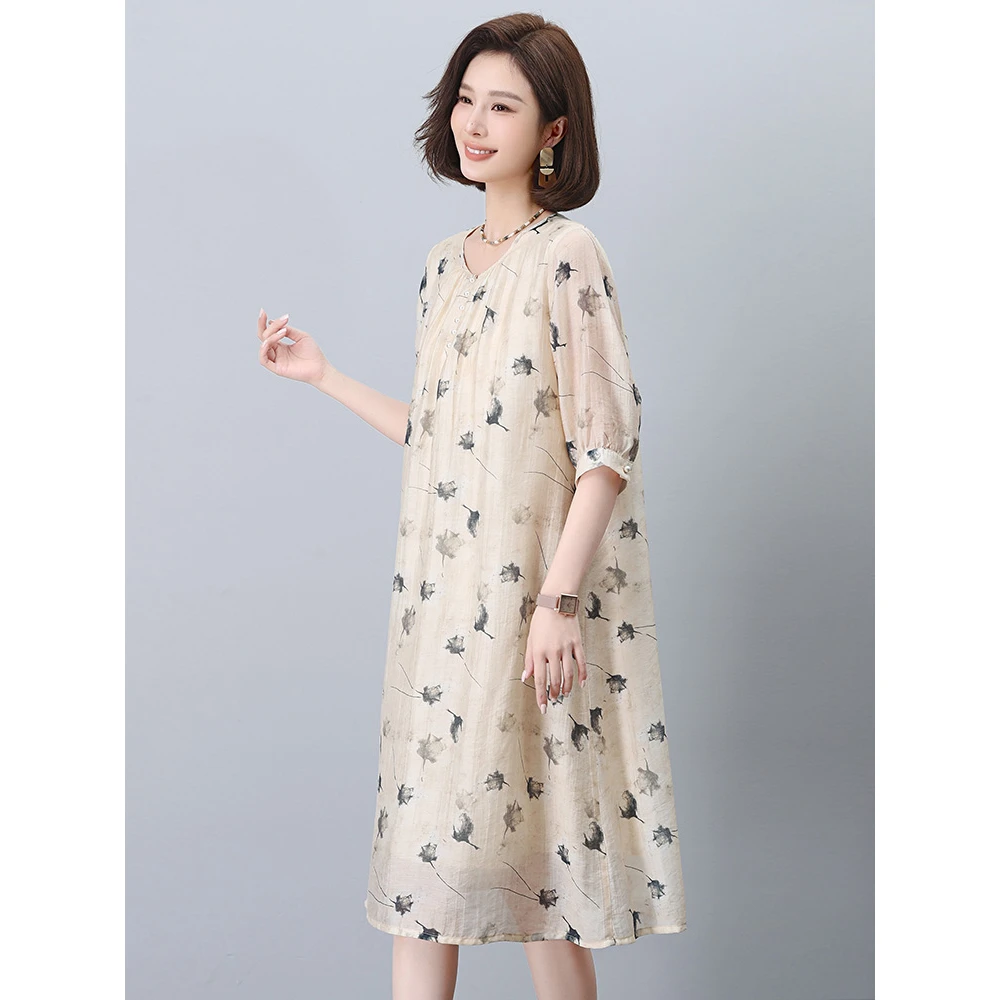 天丝印花连衣裙女短袖2024夏季新款小个子国风印花裙子妈妈长裙夏