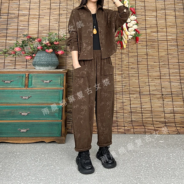 新款春秋休闲洋气复古气质减龄宽松显瘦上衣裤子两件套