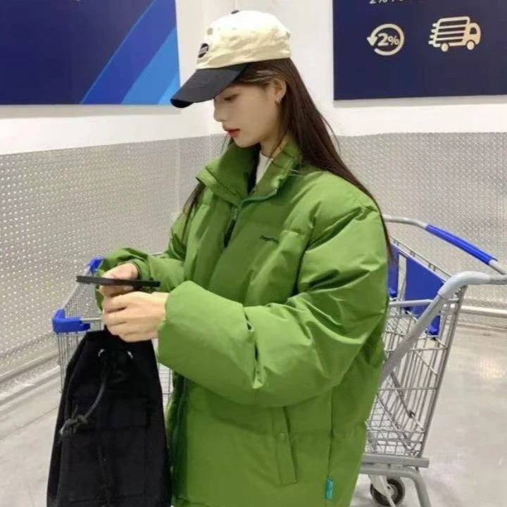 A257绿色短款女2024年新款小个子宽松立领情侣冬外套面包服加厚